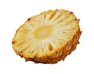 Close-up of a pineapple half, displaying its golden flesh and intricate crown