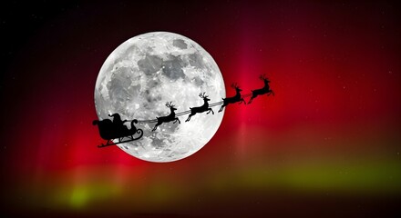 Santa's Sleigh Silhouette Dramatic silhouette against full moon with glowing red aurora.