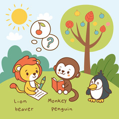 Fototapeta premium Cute Cartoon Animals Studying Under a Sunny Tree