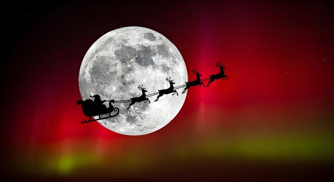 Santa's Sleigh Silhouette Dramatic silhouette against full moon with glowing red aurora.