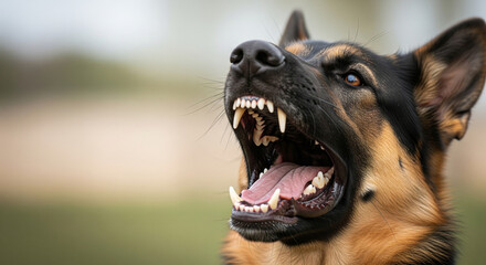 Aggressive German Shepherd Dog Barks with Teeth Showing
