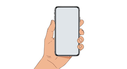 Digitally drawn illustration of a hand holding a modern smartphone with a blank screen presentation for design and technological themes depiction