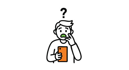 Confused person holding smartphone with question mark above head, expressing uncertainty or doubt