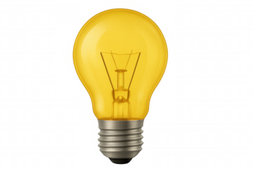 Yellow light bulb is shining on a transparent background, representing ideas, innovation, and solutions