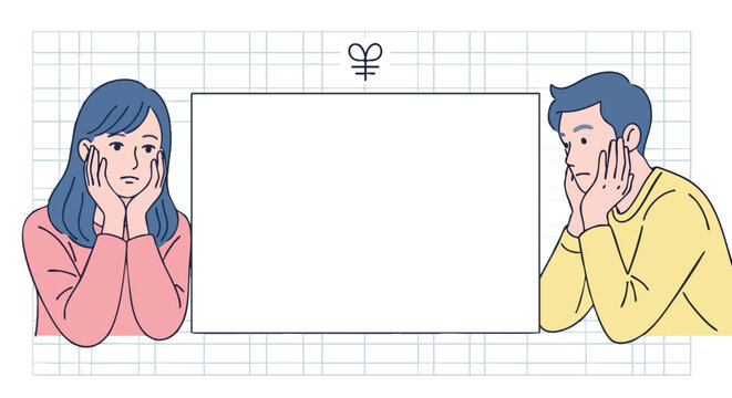 Concerned couple contemplating options beside blank space, perfect for business strategy or concept