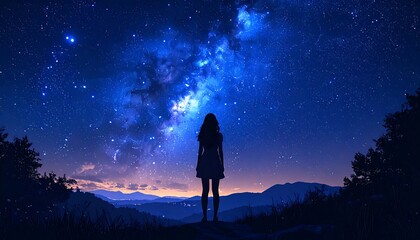 Silhouette of a person watching a bright, vast, starry, blue night sky over distant mountains