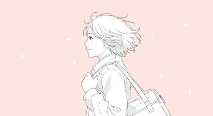 Young student walking with a school bag, gentle breeze blowing hair, soft petal shower background