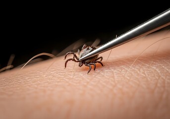 Removing a tick from human skin using tweezers close up medical photography for health and safety awareness campaign