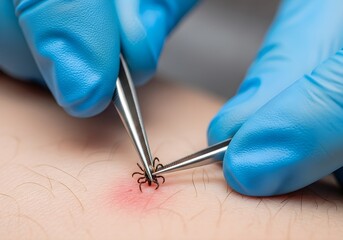 Removing a tick from skin using tweezers medical procedure close up shot