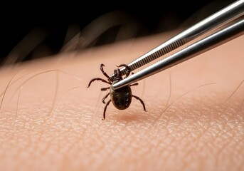 Removing a tick from skin using tweezers close up detailed medical image for healthcare websites
