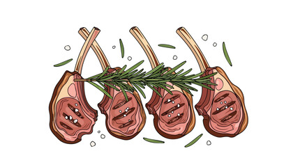 Delicious lamb chops illustration, seasoned with rosemary and sea salt, perfect dish for special occasion and for fancy recipes presentation
