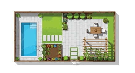 Detailed architectural landscape plan showcases a modern backyard design with pool, patio, and verdant garden elements and outdoor dining arrangement