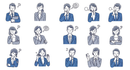 Fototapeta premium Diverse business professionals expressing confusion and deep thought with question marks and thought bubbles