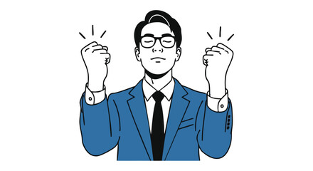 Confident businessman celebrates success, raising fists in triumph with joyful expression, professional achievement visualized.