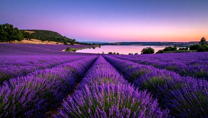Obraz premium Lavender field at sunset with lake and hills in background.