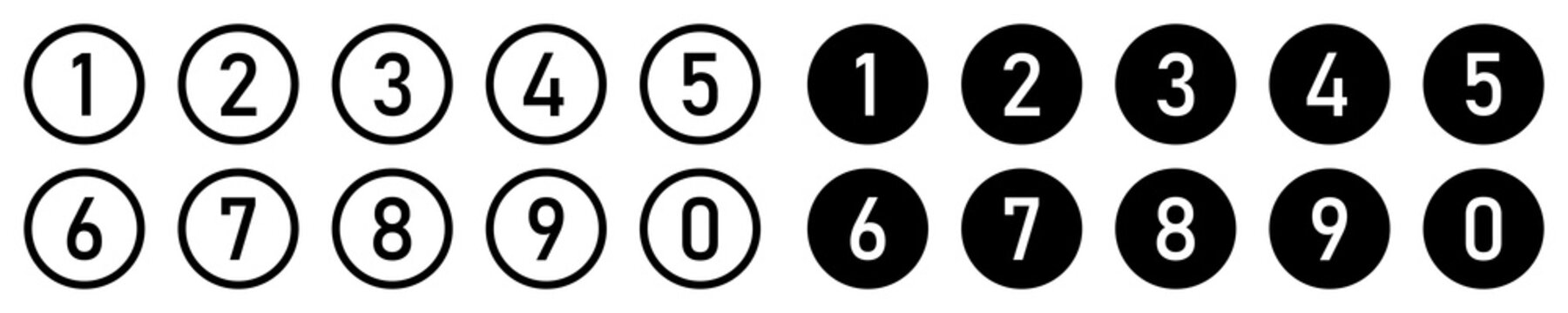 Set of counting numbers from 0-9 in black circles outline and fill. Set of bullet point numbers from 0-9. Numeric typography of numbers from 0 to 9 for apps and UI isolated in outline and fill styles