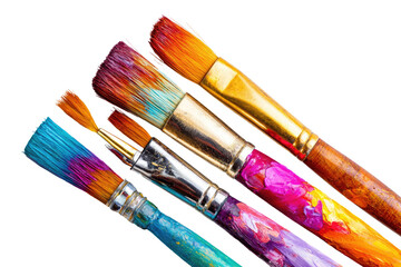 Colorful paintbrushes in various shapes and sizes, angled against a black background.  Each brush displays vibrant, mixed paint colors on the bristles