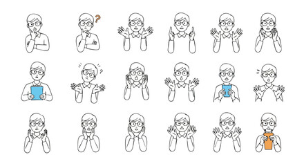 Man expresses various emotions and reactions with clear, modern line art illustrations for business and lifestyle concepts.