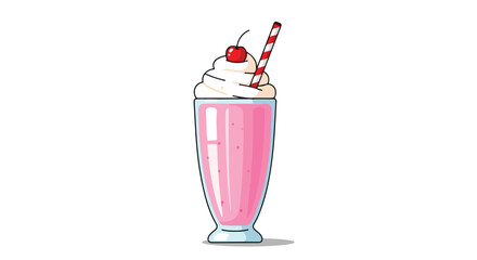 Delightful Strawberry Milkshake with Whipped Cream and Cherry, Illustration for Dessert Menu or Food Concept Project
