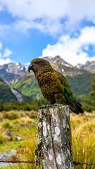 A Kea perched on a weathered post
