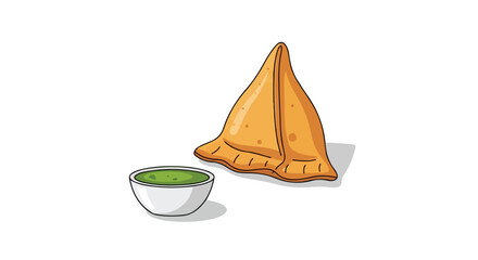 Crispy samosa illustration paired with vibrant green chutney isolated on a white background enhancing its culinary appeal and visual clarity