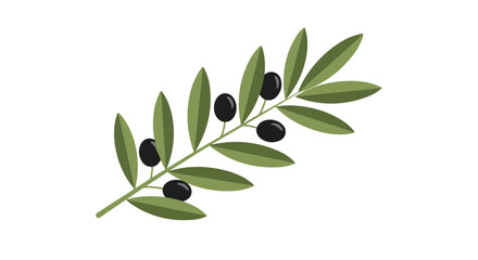 Stylized olive branch illustration with fresh green leaves and ripe black fruits on a plain background