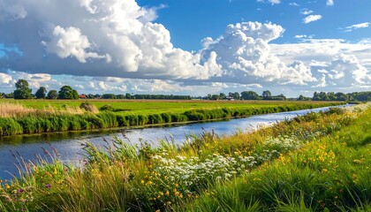 Idyllic Dutch countryside scene with canal, meadow and blue cloudy skies
