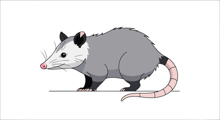 Cartoon Possum Illustration Standing, Gray Fur and Pink Nose with Distinctive Features on White Background