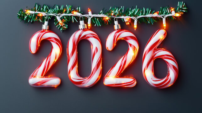 2026 candy cane numbers, festive holiday decoration, glowing LED lights, green garland, joyful Christmas mood