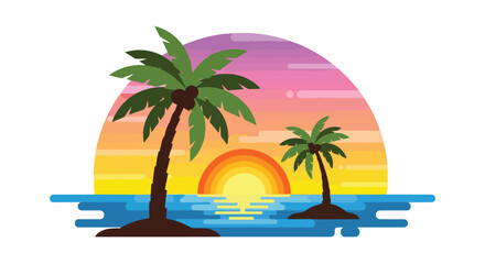 Tranquil tropical sunset scene with layered sky gradient and minimalist palm tree islands for summer vacation vibes