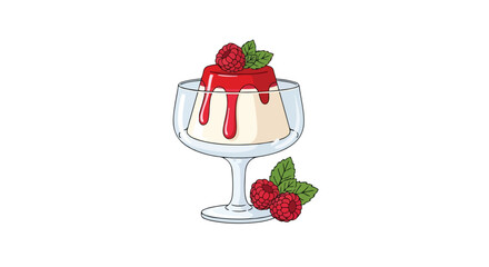 Delicate panna cotta dessert with raspberry topping and fresh raspberries illustration, a gourmet treat in a glass minimal style isolated on white