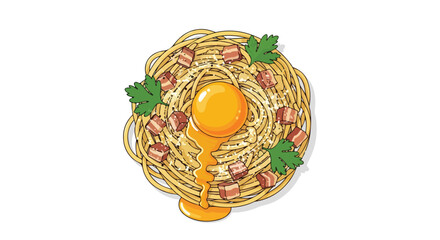 Illustration of Spaghetti Carbonara Dish with Egg Yolk and Bacon Bites on an Isolated White Background