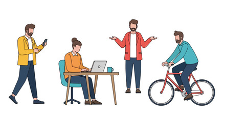 Diverse professionals engaged in work, recreation, and communication, embodying modern lifestyle and multitasking, in minimalist outline drawing style