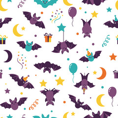 Cute Cartoon Bats Party Seamless Pattern Vector Illustration.