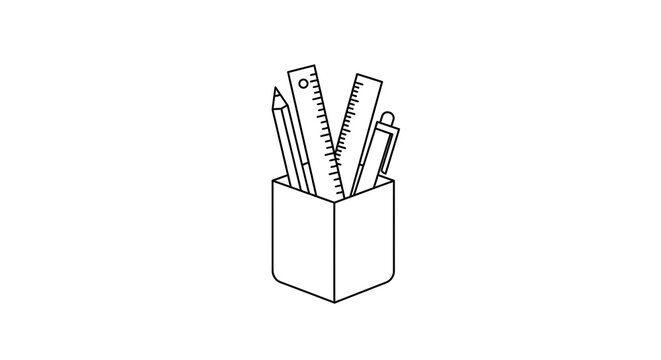Simple line art icon of a stationery holder with a pencil, pen, and ruler. Vector illustration representing office supplies, education, and creative work