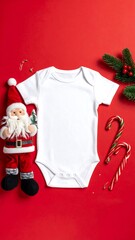 Blank baby bodysuit on a red background with Christmas decorations