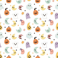 Cute Kawaii Halloween Seamless Pattern with Ghosts Pumpkins and Moons.