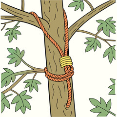 Detailed Illustration of Rope Knot Tied Around Tree Branch