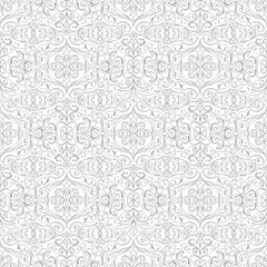 Elegant monochrome seamless pattern with intricate damask ornamentation.