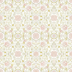 Elegant Vintage Seamless Pattern with Pink Roses and Gold Ornaments.