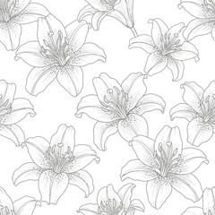 Hand drawn lily flowers seamless pattern background.