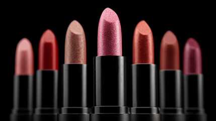 Obraz premium Collection of various shade lipsticks with focal point against black background, studio lighting highlighting texture color beauty diversity