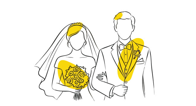 Elegant Wedding Day A Bride and Groom's Outline Illustration with Floral Details