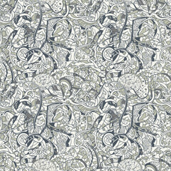 Obraz premium Intricate hand drawn abstract doodle seamless pattern with complex lines and shapes in muted colors.
