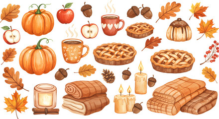 Colorful watercolor autumn elements clipart set