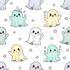 Kawaii Halloween Ghost Characters Seamless Vector Pattern.