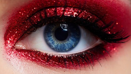 Close-up of a woman's eye with vibrant red glitter makeup