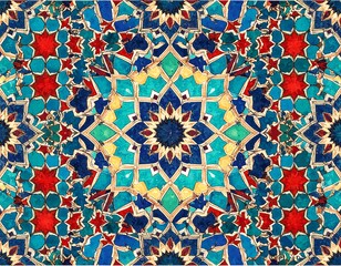 Vibrant, intricate tilework pattern with symmetrical, floral designs in reds, blues, and golds