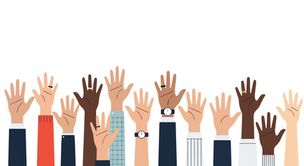 Obraz premium Diverse Hands Raised in Participation: A Celebration of Inclusion and Collaboration through Collective Support and Engagement in a Democratic Process