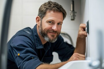 Smiling plumber fixing a bathroom sink is looking at camera